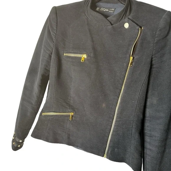 Zara Velvet Like Moto Bomber Collarless Jacket w/ Gold Zipper & Stud Detail sz M - Picture 4 of 16